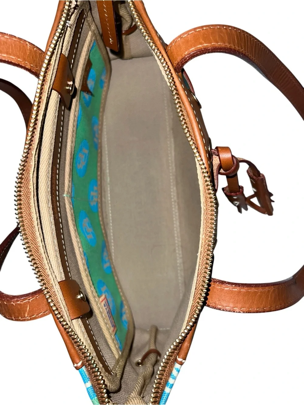 Dooney & Bourke Teal and Turquoise Canvas Shoulder Tote with Brown Leather Trim